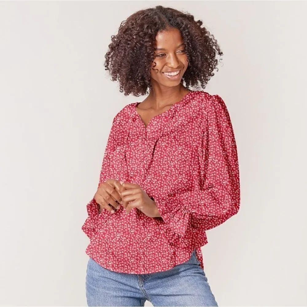 Tucker Juliette Blouse Hot Pink Mini Floral in Silk Stretch Charmeuse
